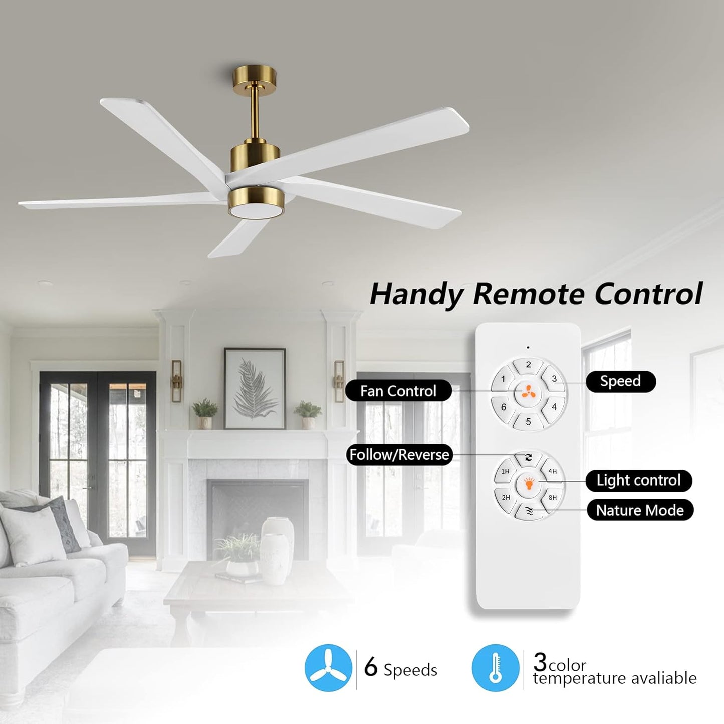 AeroBlade 54" 5-Blade 6-Speed White & Gold Ceiling Fan with Light