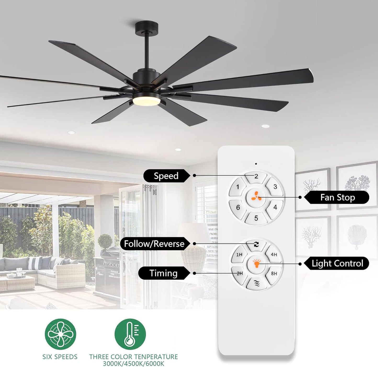AeroBlade 80" 8-Blade 6-Speed Black Ceiling Fan with Light