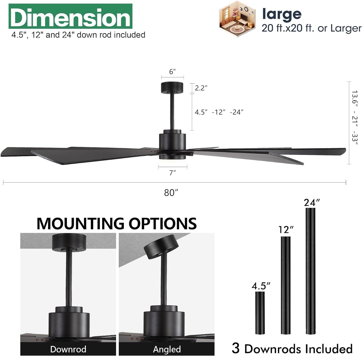 AeroBlade 80" 8-Blade 6-Speed Black Ceiling Fan with Light