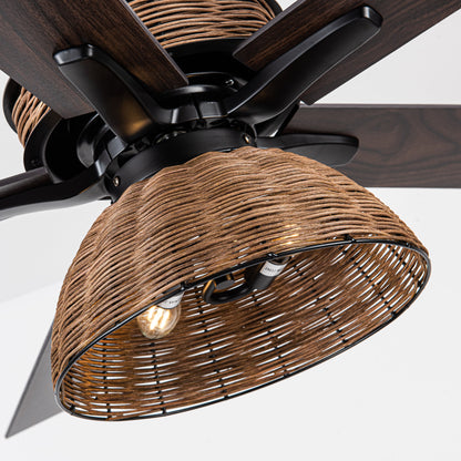 BreezeLite 52" Farmhouse Matte Black Rattan Ceiling Fan