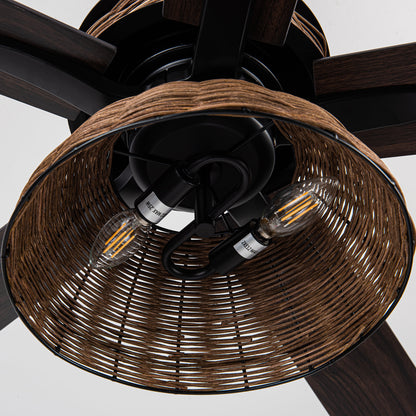 BreezeLite 52" Farmhouse Matte Black Rattan Ceiling Fan