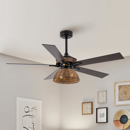 BreezeLite 52" Farmhouse Matte Black Rattan Ceiling Fan