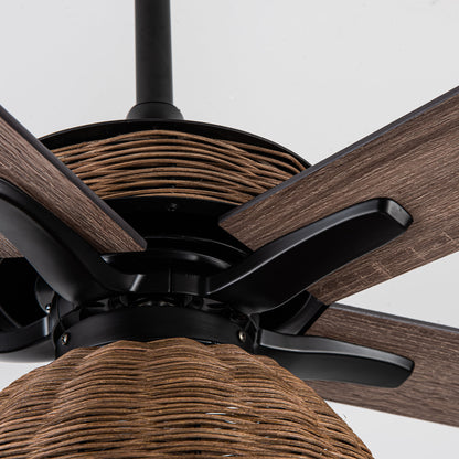 BreezeLite 52" Farmhouse Matte Black Rattan Ceiling Fan