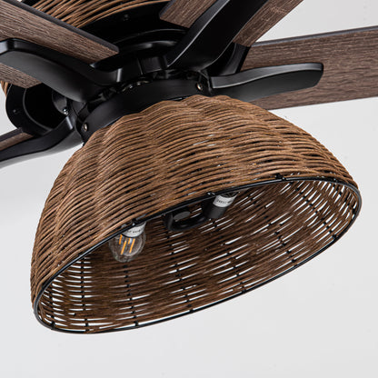BreezeLite 52" Farmhouse Matte Black Rattan Ceiling Fan