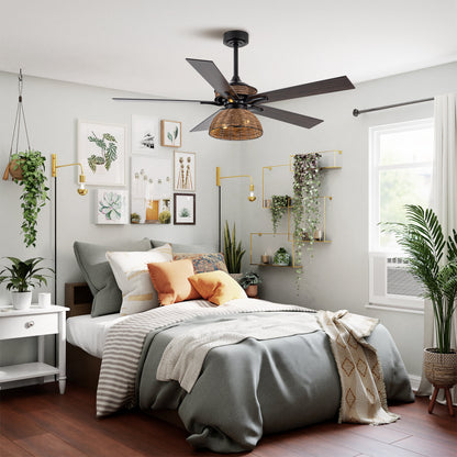 BreezeLite 52" Farmhouse Matte Black Rattan Ceiling Fan