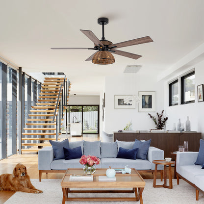 BreezeLite 52" Farmhouse Matte Black Rattan Ceiling Fan