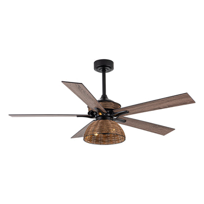 BreezeLite 52" Farmhouse Matte Black Rattan Ceiling Fan