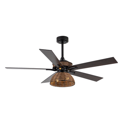 BreezeLite 52" Farmhouse Matte Black Rattan Ceiling Fan