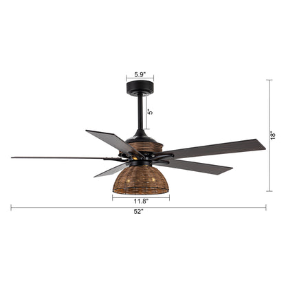BreezeLite 52" Farmhouse Matte Black Rattan Ceiling Fan