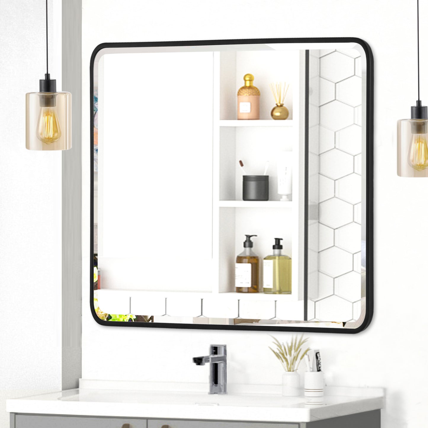 Reflections Sleek Modern Black Beveled Soft Corner Wall Mirror