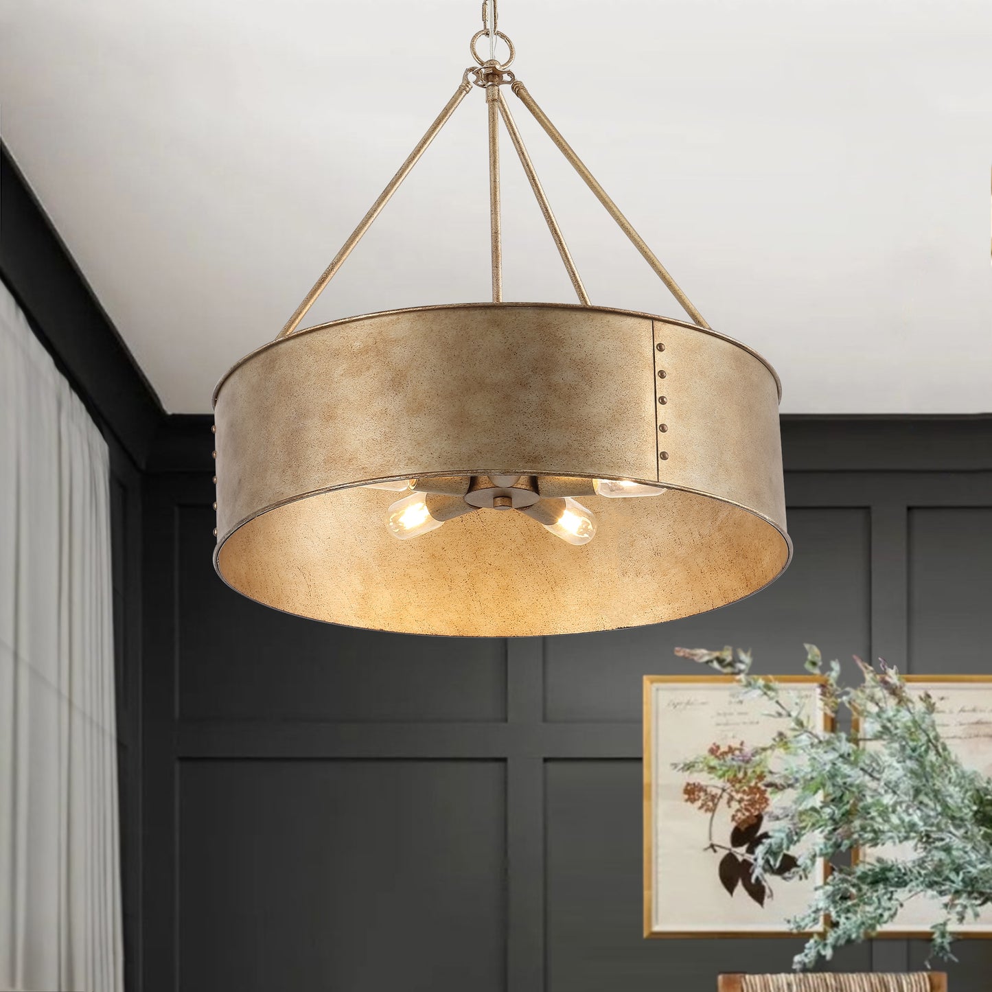 24" Farmhouse Chandelier 5-Light Rustic Gold Metal Shade – Industrial Hanging Light