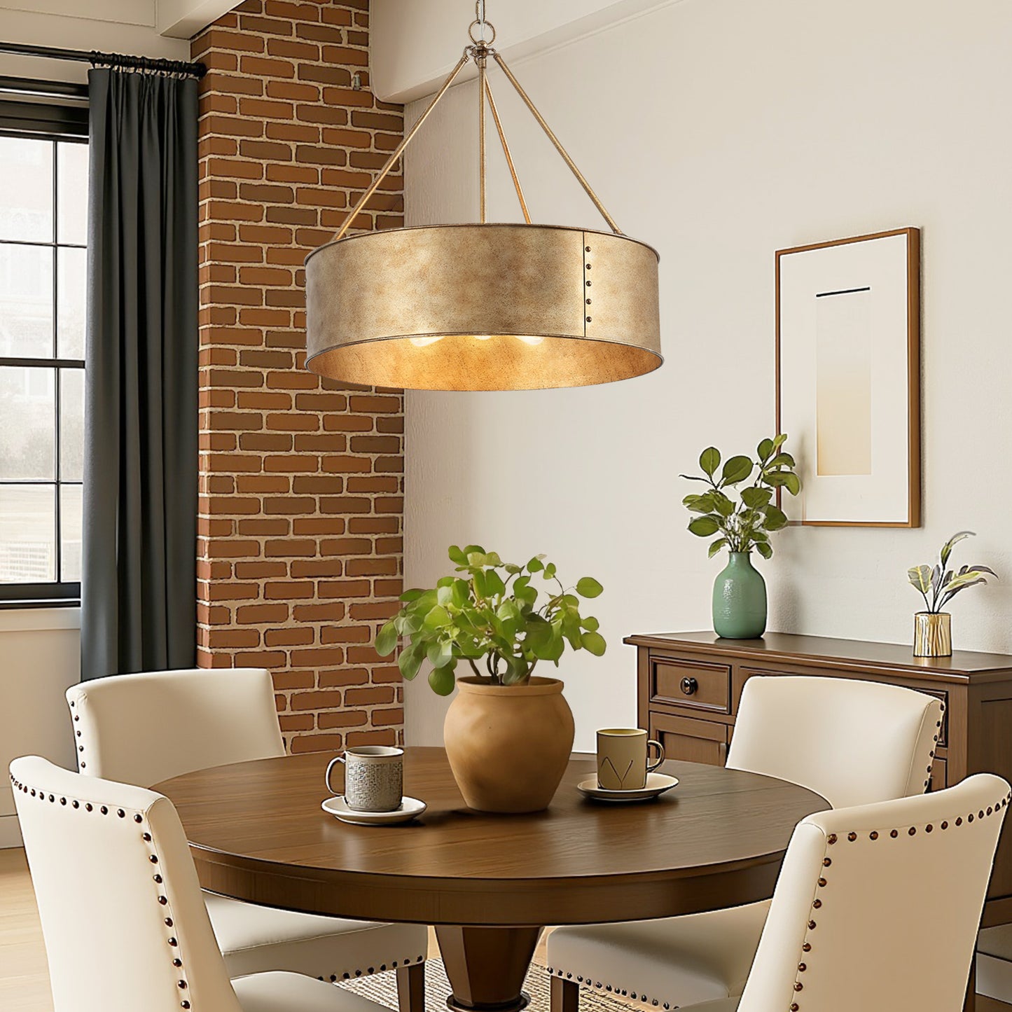 24" Farmhouse Chandelier 5-Light Rustic Gold Metal Shade – Industrial Hanging Light