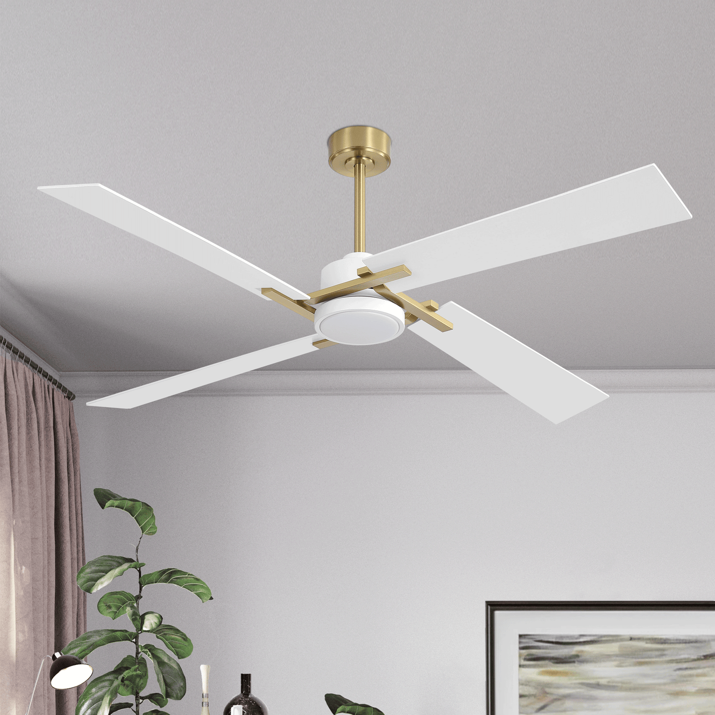 72" Gold and White Ceiling Fan with LED Light – Modern Dimmable Fan with Remote