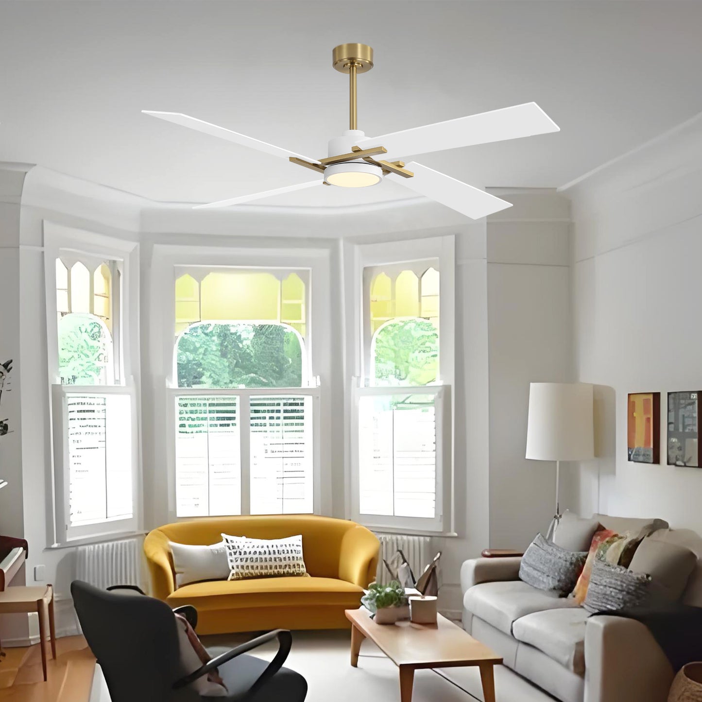 72" Gold and White Ceiling Fan with LED Light – Modern Dimmable Fan with Remote