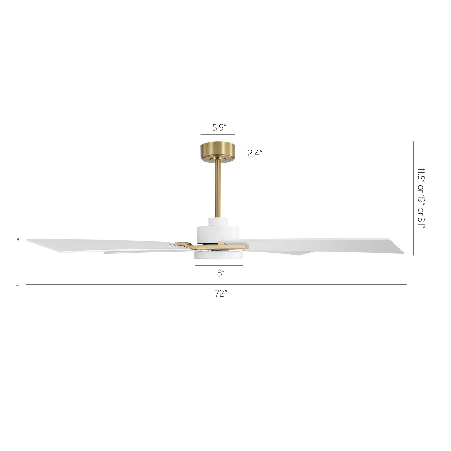 72" Gold and White Ceiling Fan with LED Light – Modern Dimmable Fan with Remote
