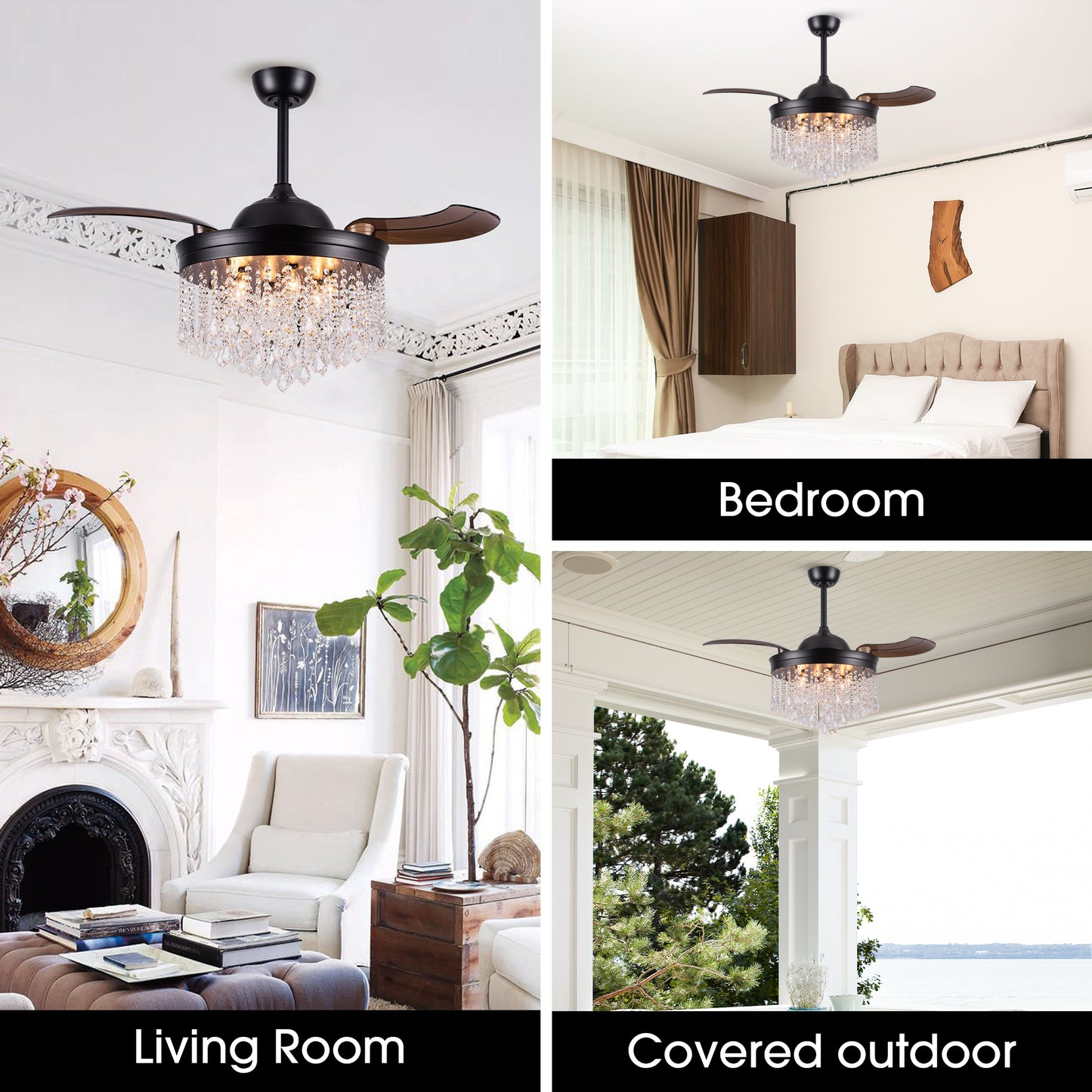 Luxe Twirl 42" Modern Black Retractable 3-Blade Crystal Fandalier Ceiling Fan