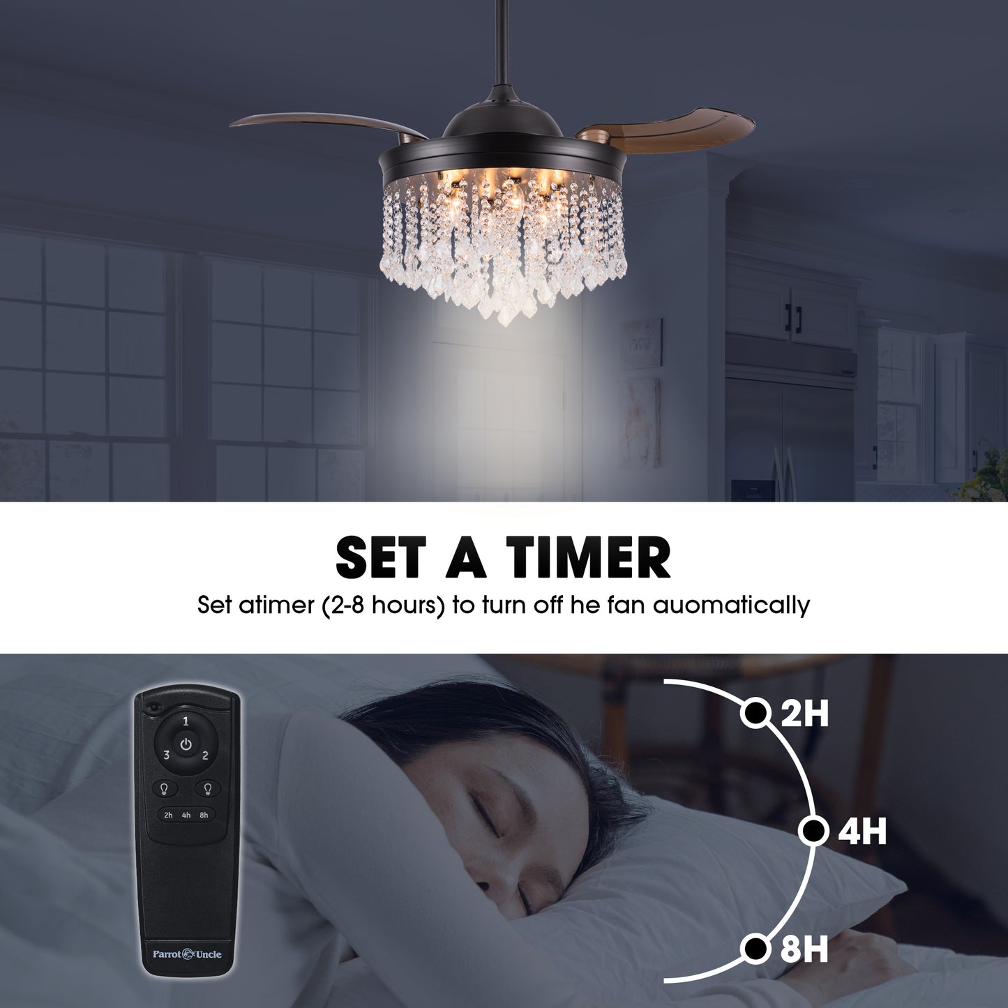 Luxe Twirl 42" Modern Black Retractable 3-Blade Crystal Fandalier Ceiling Fan