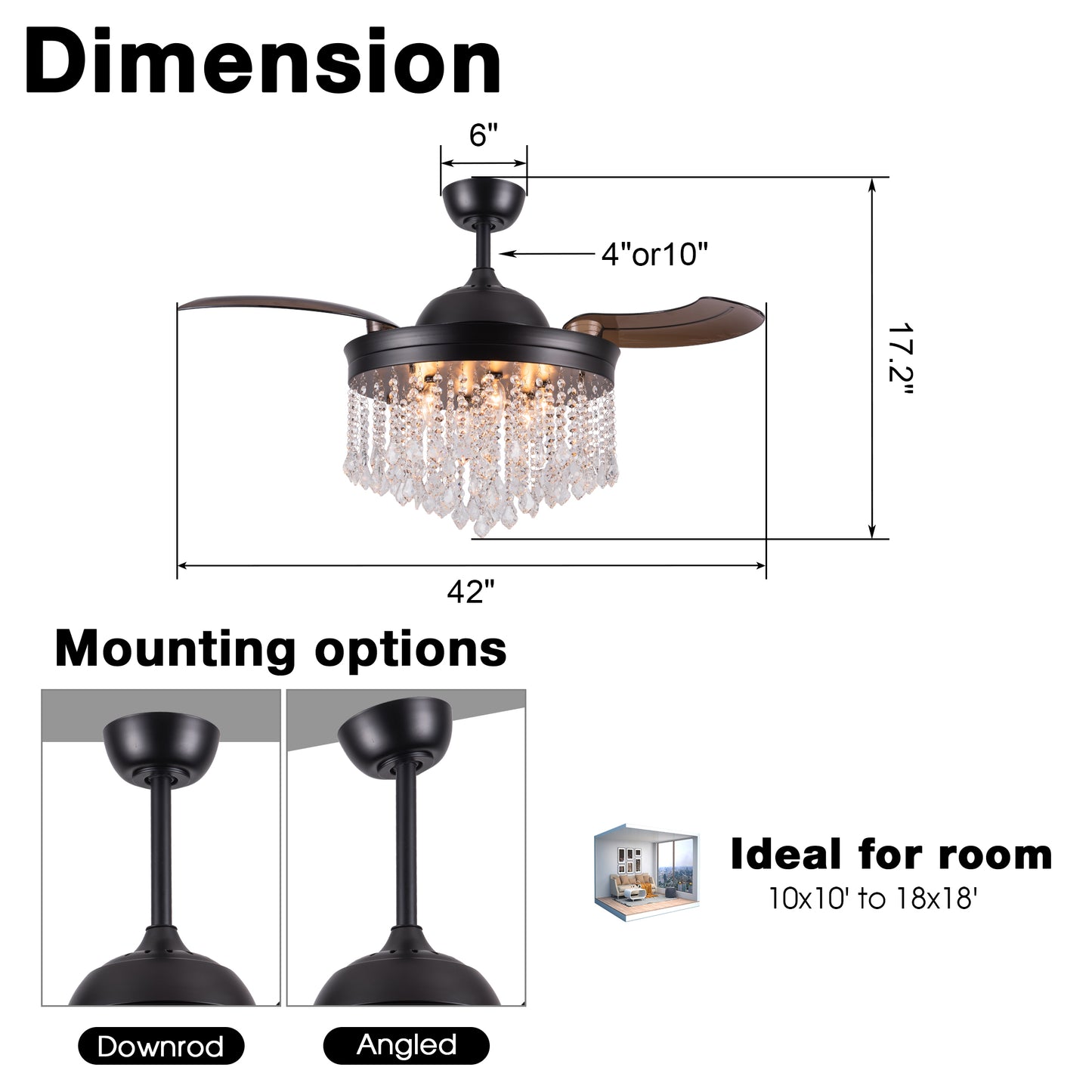 Luxe Twirl 42" Modern Black Retractable 3-Blade Crystal Fandalier Ceiling Fan