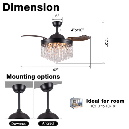 Luxe Twirl 42" Modern Black Retractable 3-Blade Crystal Fandalier Ceiling Fan