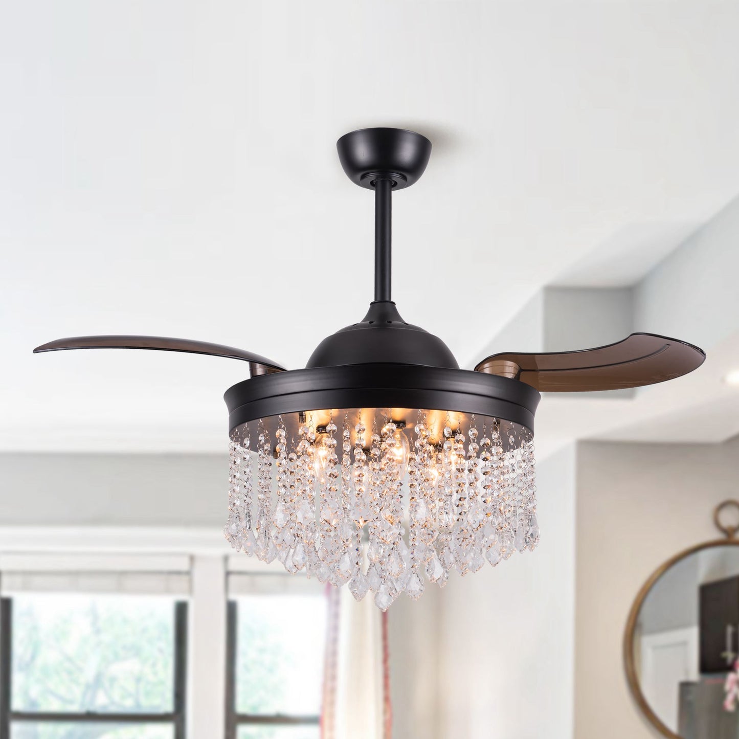 Luxe Twirl 42" Modern Black Retractable 3-Blade Crystal Fandalier Ceiling Fan