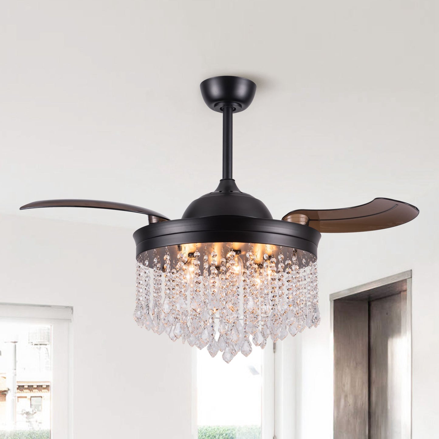 Luxe Twirl 42" Modern Black Retractable 3-Blade Crystal Fandalier Ceiling Fan