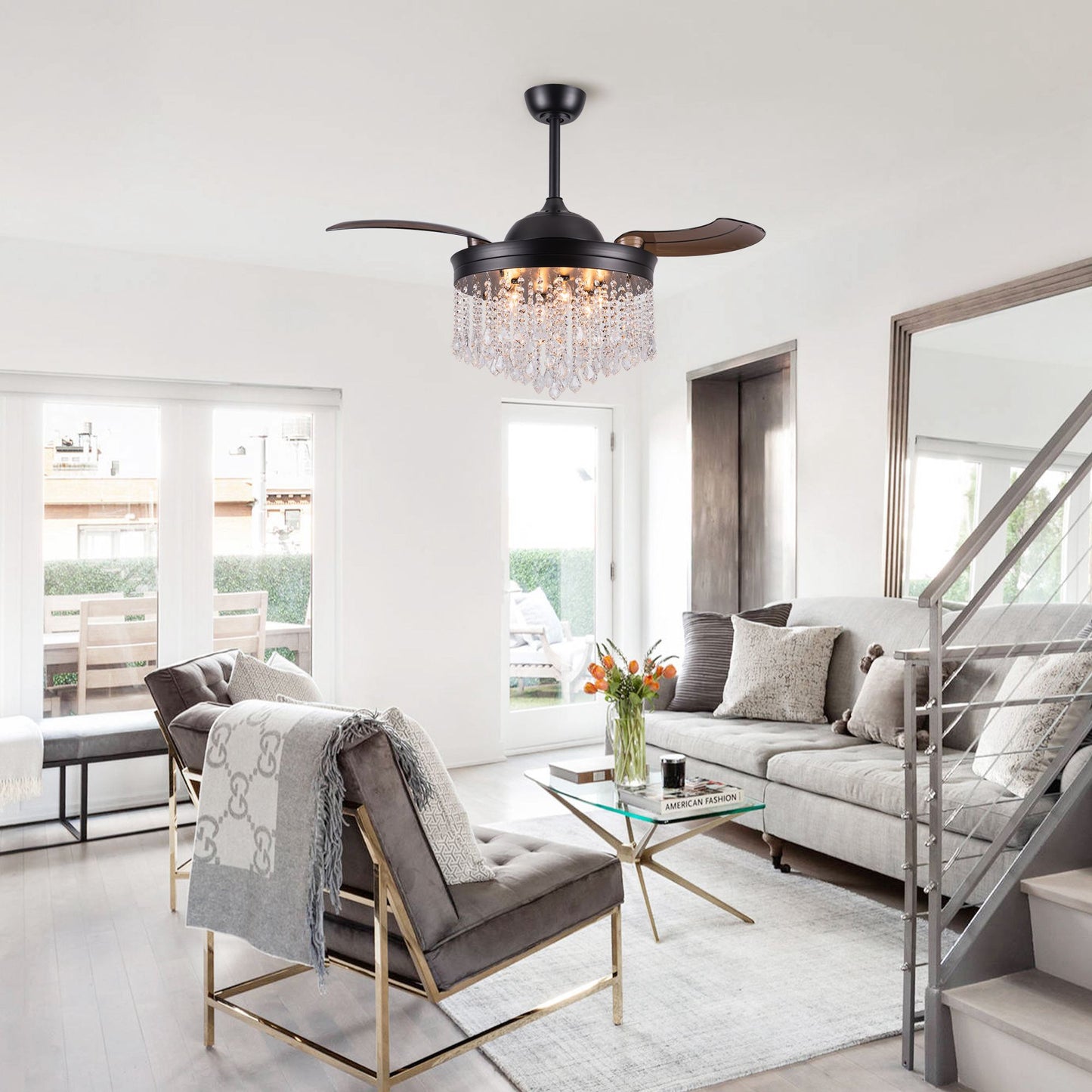 Luxe Twirl 42" Modern Black Retractable 3-Blade Crystal Fandalier Ceiling Fan