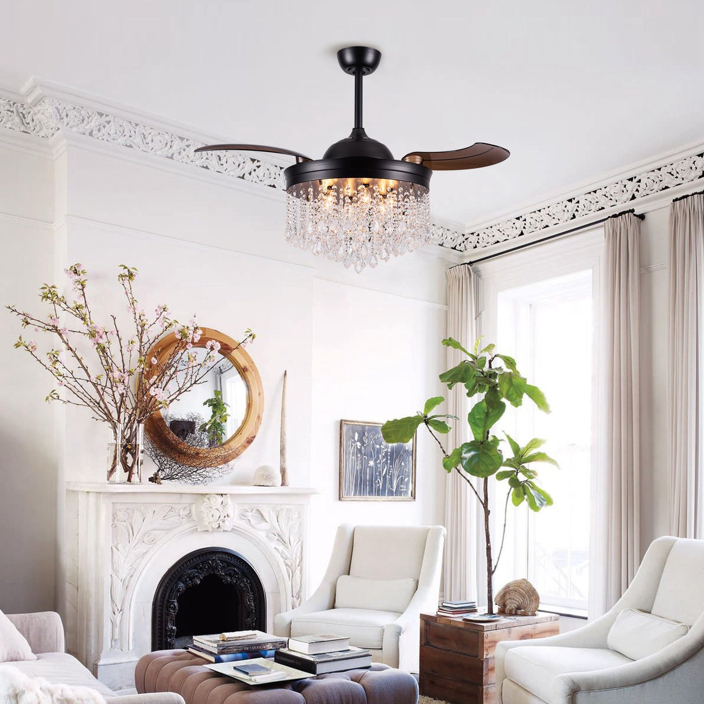 Luxe Twirl 42" Modern Black Retractable 3-Blade Crystal Fandalier Ceiling Fan