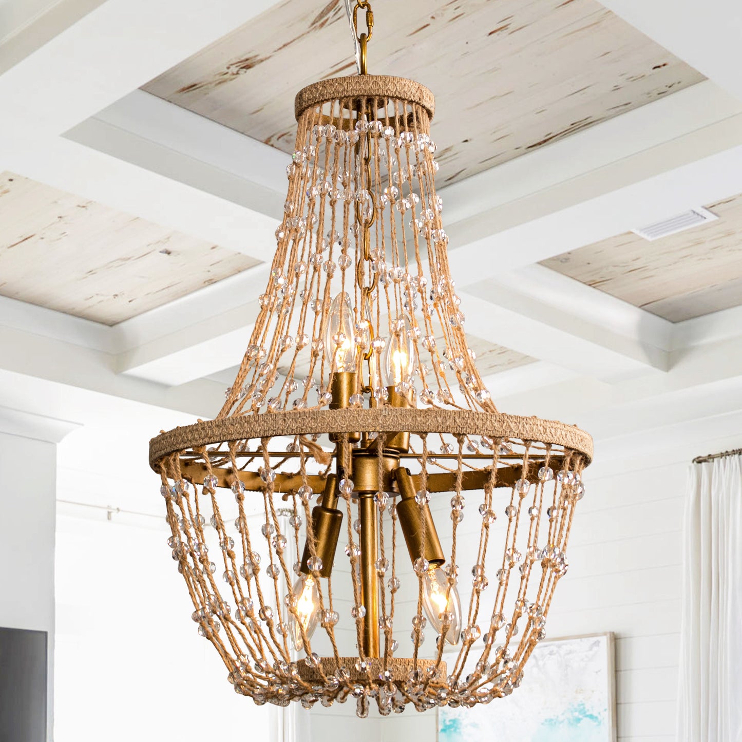 Lusteria 20" Antique Gold Farmhouse Rope Empire 4-Light Chandelier