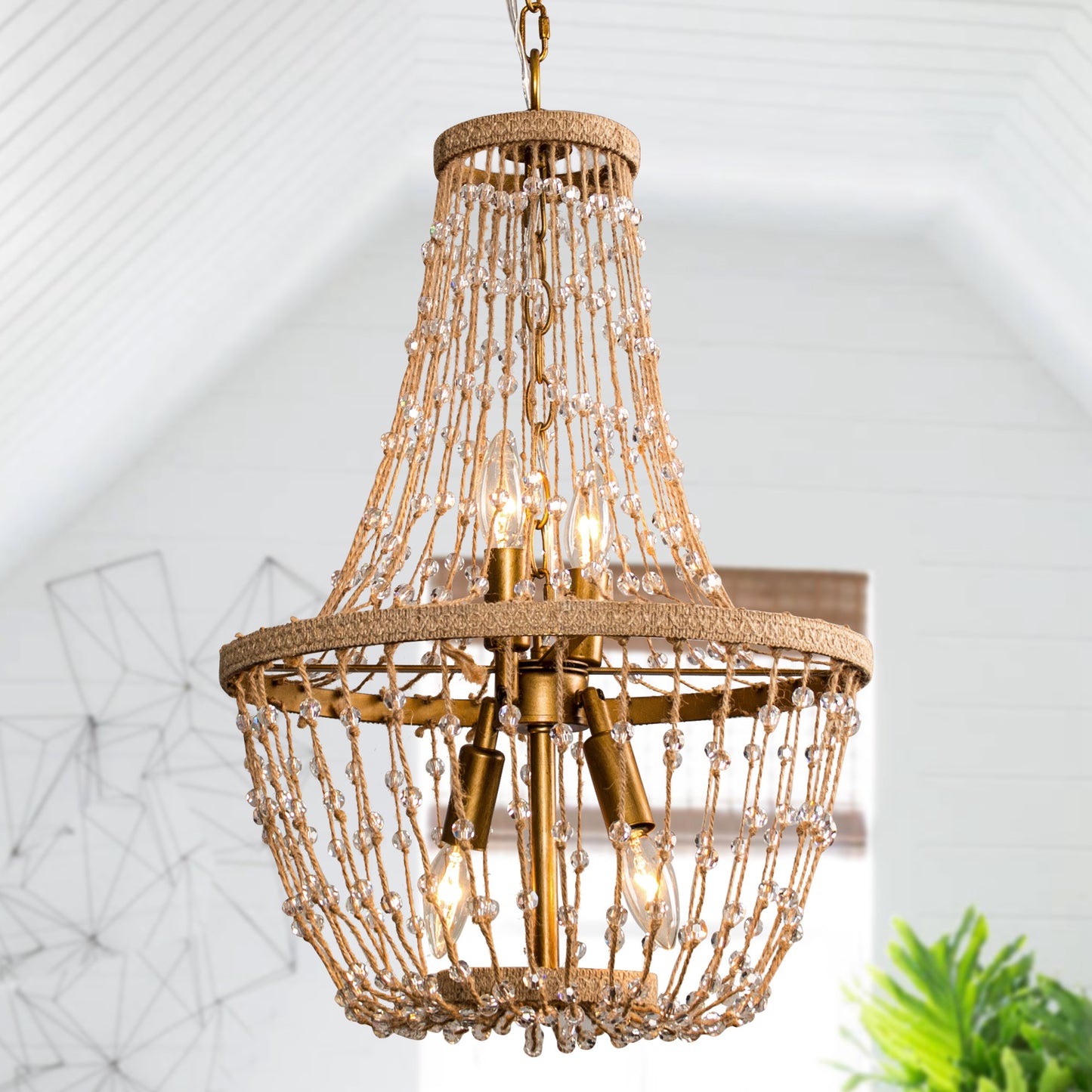 Lusteria 20" Antique Gold Farmhouse Rope Empire 4-Light Chandelier