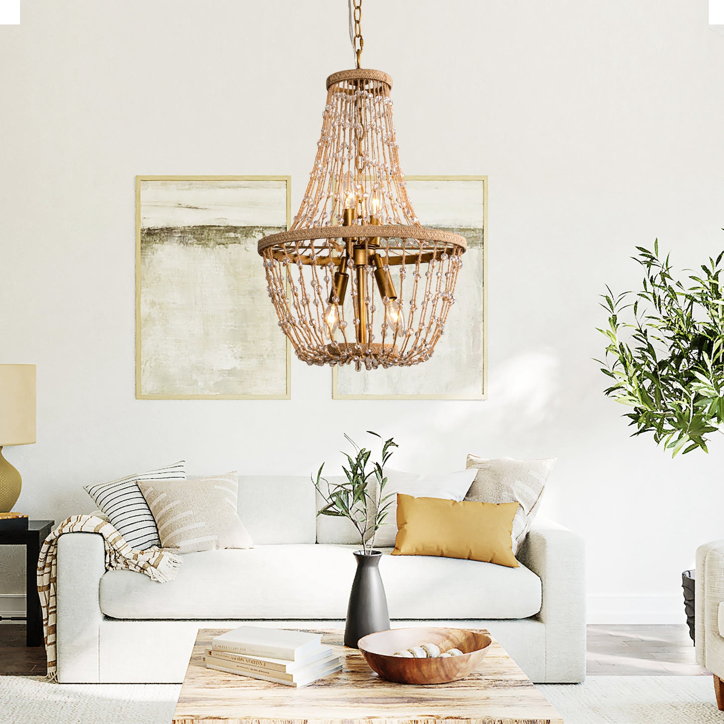 Lusteria 20" Antique Gold Farmhouse Rope Empire 4-Light Chandelier