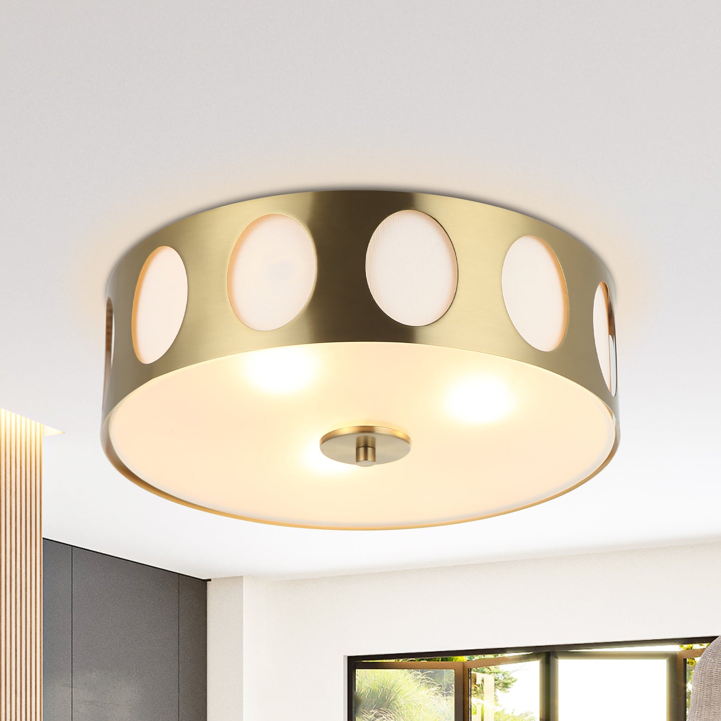 Lusteria 13.8" Modern Gold 3-Light Drum Flush Mount Ceiling Light