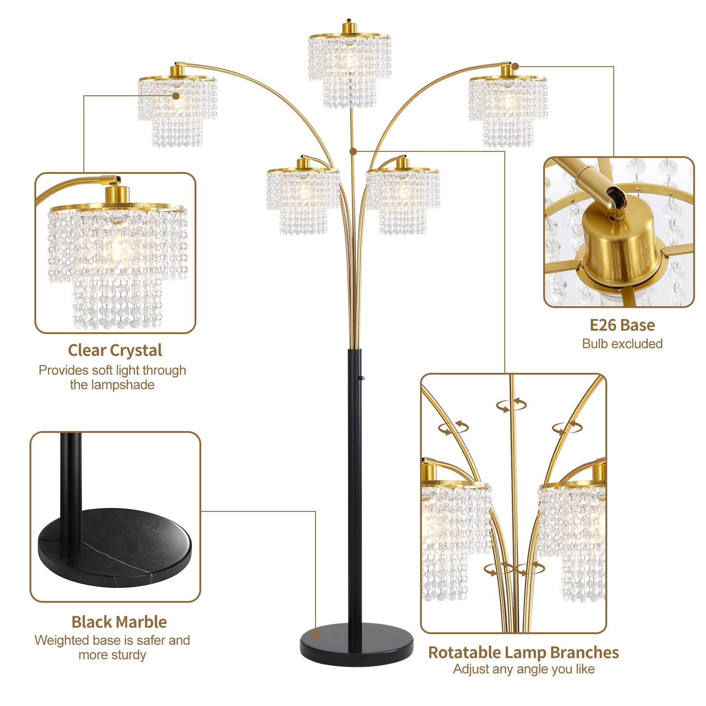 Brio 80" 5-Light Modern Gold Crystal Arc Floor Lamp