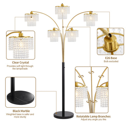 Brio 80" 5-Light Modern Gold Crystal Arc Floor Lamp
