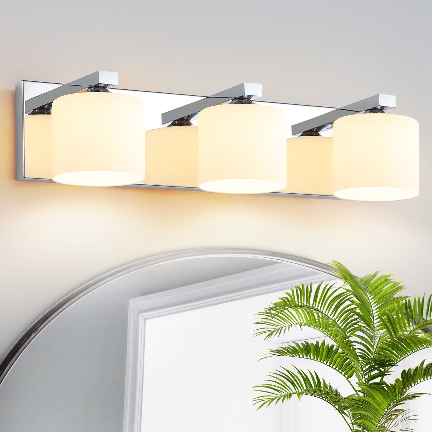 3-Light Chrome Vanity Light – Modern Bathroom Wall Fixture with Etched Opal Glass