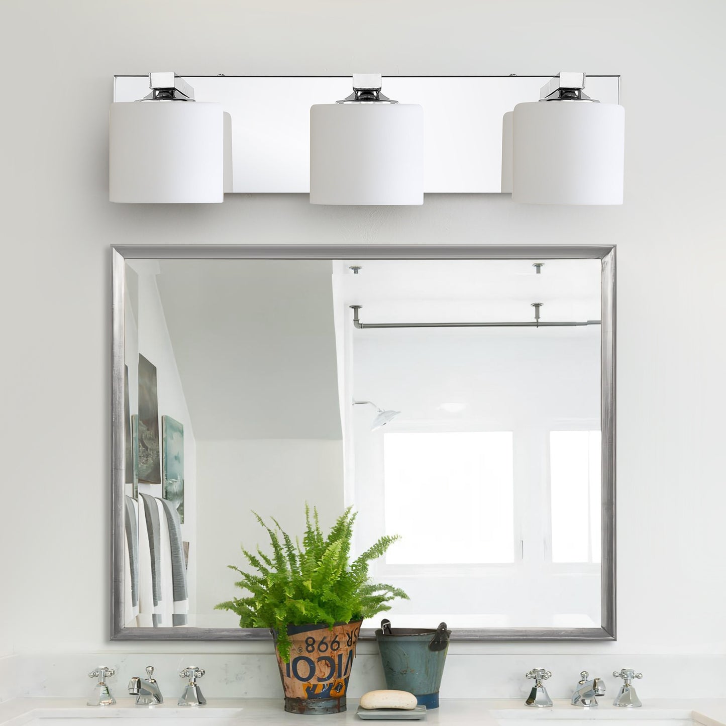 3-Light Chrome Vanity Light – Modern Bathroom Wall Fixture with Etched Opal Glass