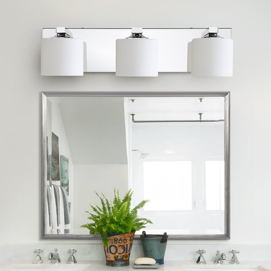 3-Light Chrome Vanity Light – Modern Bathroom Wall Fixture with Etched Opal Glass