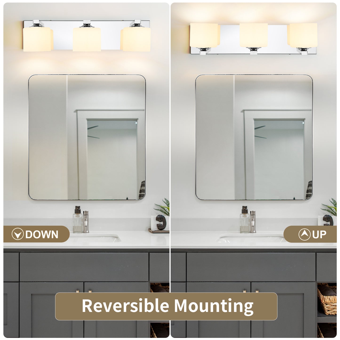 3-Light Chrome Vanity Light – Modern Bathroom Wall Fixture with Etched Opal Glass