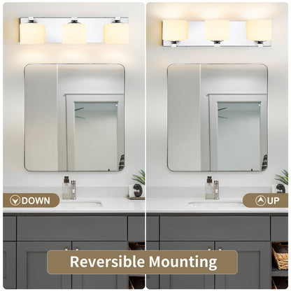 3-Light Chrome Vanity Light – Modern Bathroom Wall Fixture with Etched Opal Glass