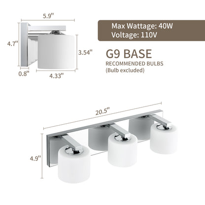 3-Light Chrome Vanity Light – Modern Bathroom Wall Fixture with Etched Opal Glass