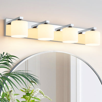 4-Light Chrome Vanity Light – Modern Bathroom Wall Fixture with Etched Opal Glass