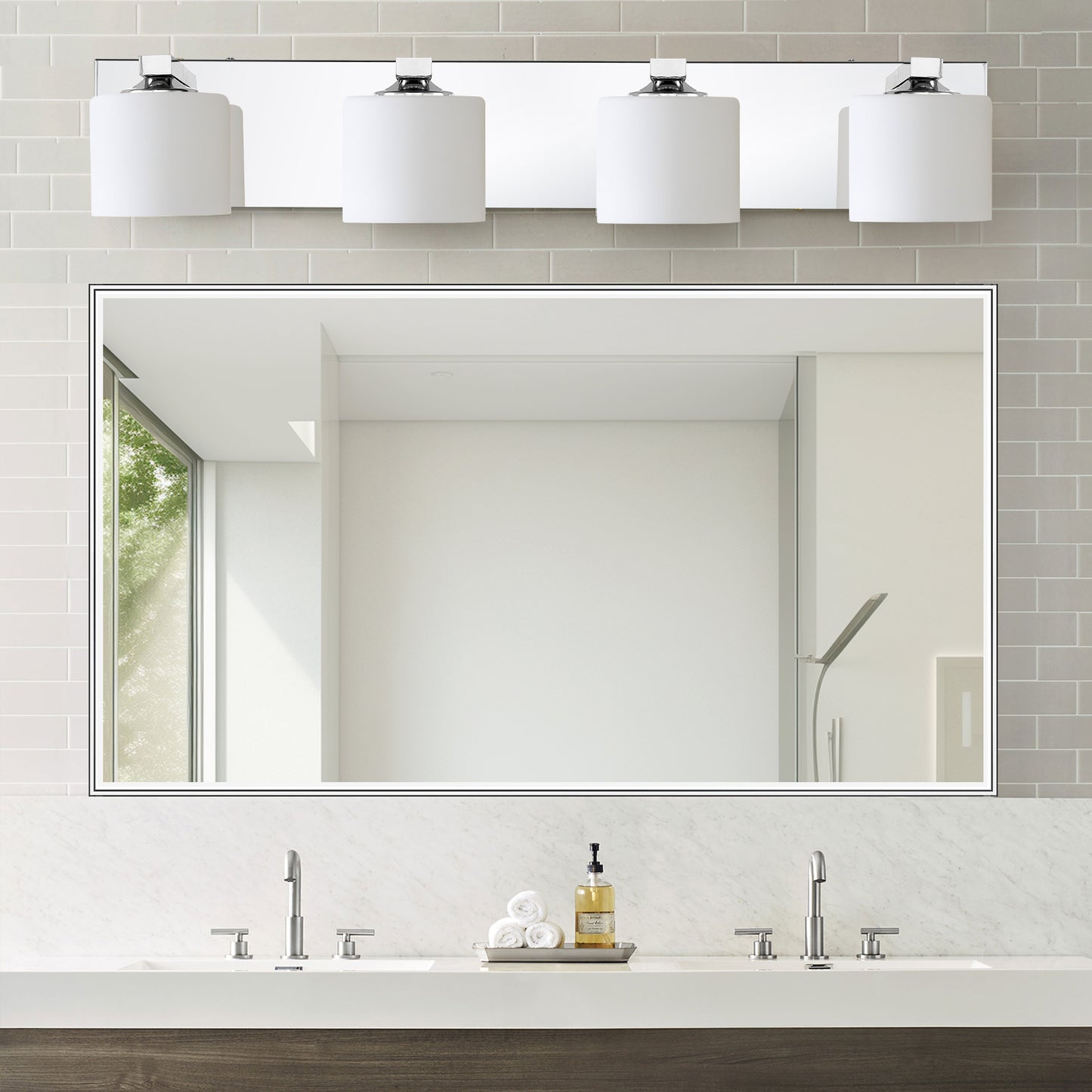 4-Light Chrome Vanity Light – Modern Bathroom Wall Fixture with Etched Opal Glass