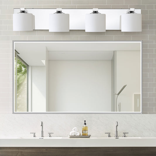 4-Light Chrome Vanity Light – Modern Bathroom Wall Fixture with Etched Opal Glass