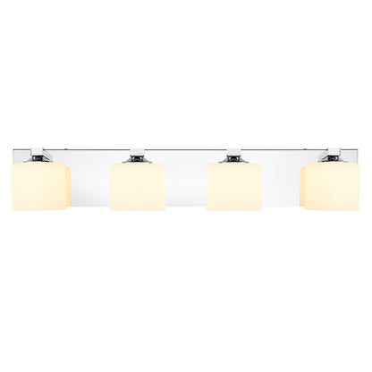 4-Light Chrome Vanity Light – Modern Bathroom Wall Fixture with Etched Opal Glass