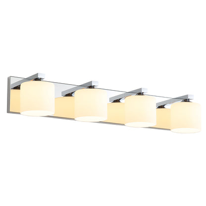 4-Light Chrome Vanity Light – Modern Bathroom Wall Fixture with Etched Opal Glass