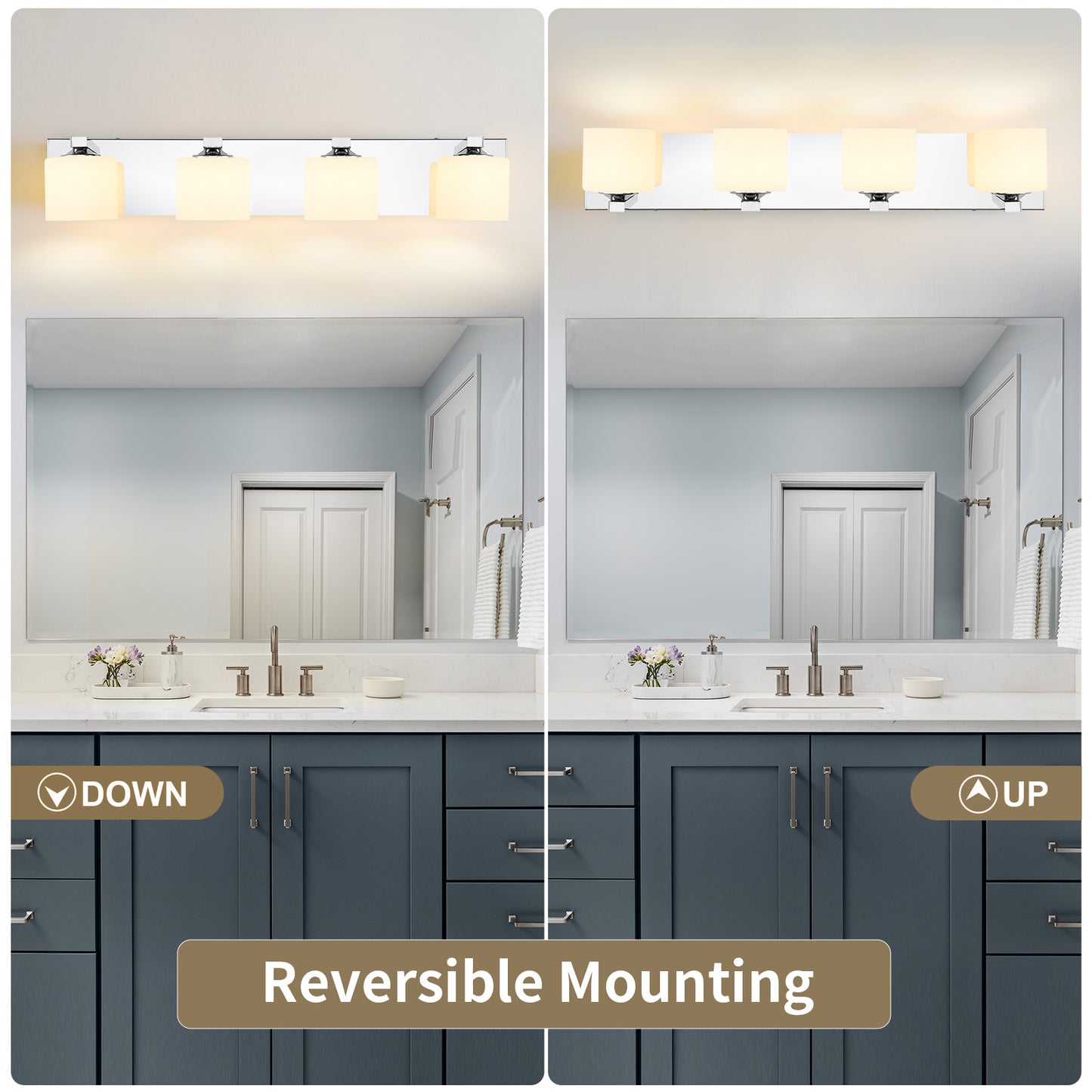4-Light Chrome Vanity Light – Modern Bathroom Wall Fixture with Etched Opal Glass
