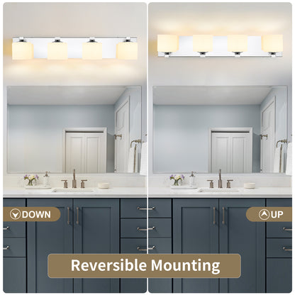 4-Light Chrome Vanity Light – Modern Bathroom Wall Fixture with Etched Opal Glass