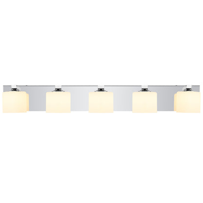 5-Light Chrome Vanity Light – Modern Bathroom Wall Fixture with Etched Opal Glass