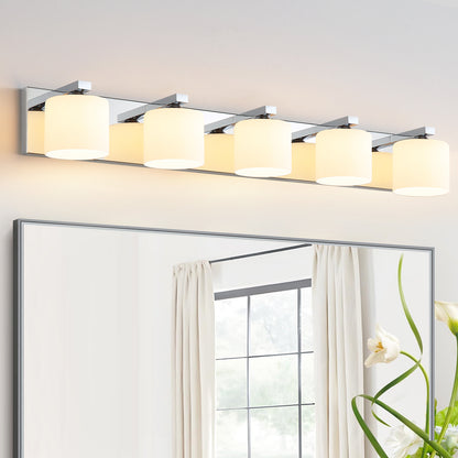 5-Light Chrome Vanity Light – Modern Bathroom Wall Fixture with Etched Opal Glass