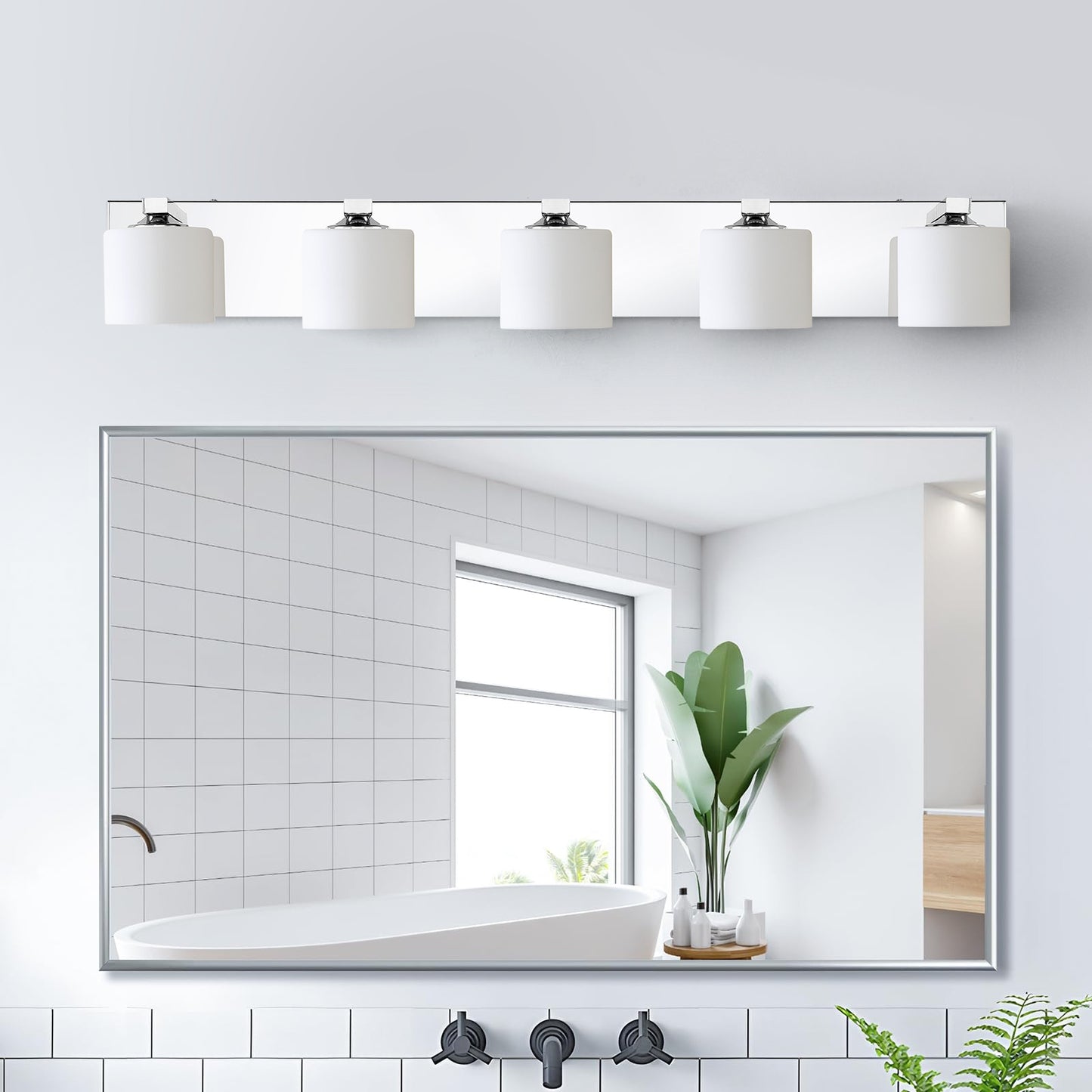 5-Light Chrome Vanity Light – Modern Bathroom Wall Fixture with Etched Opal Glass