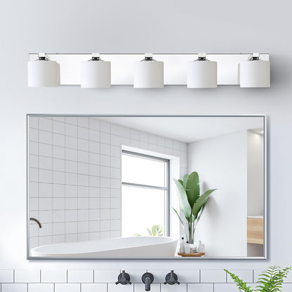 5-Light Chrome Vanity Light – Modern Bathroom Wall Fixture with Etched Opal Glass